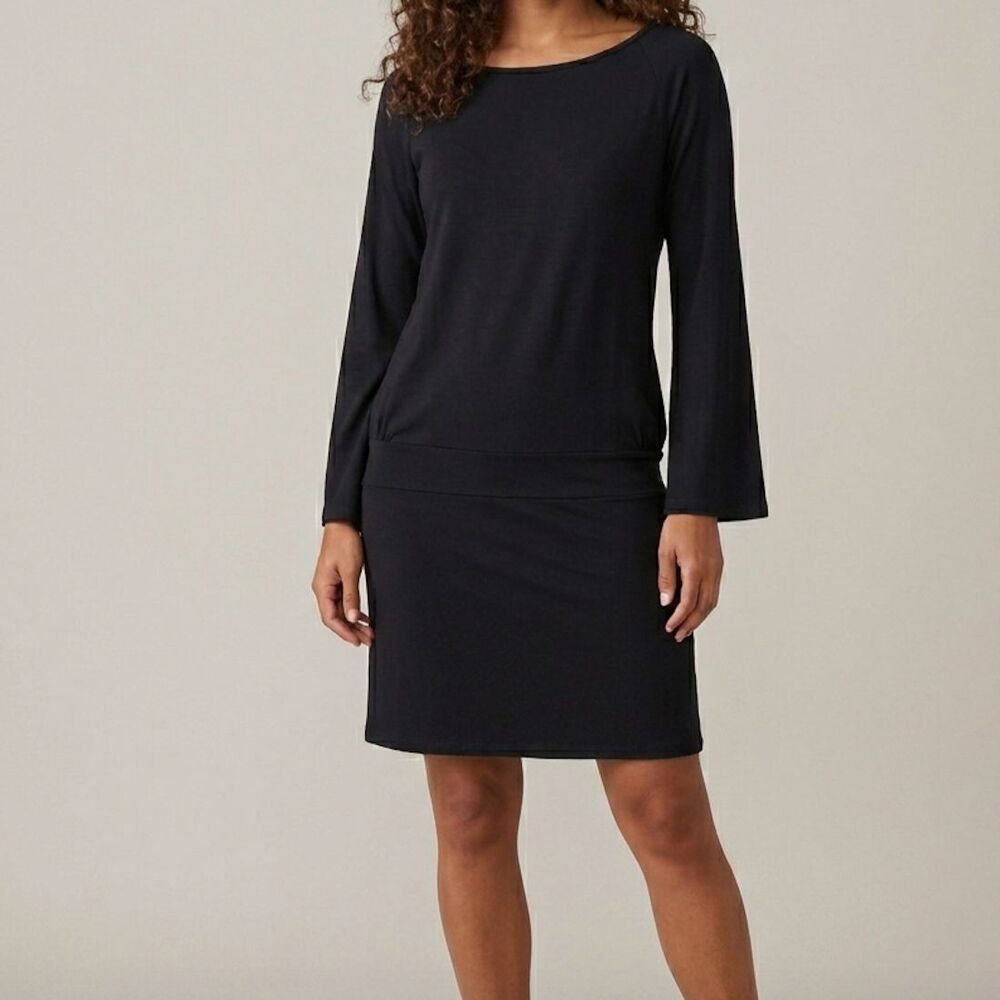 Moda Intl Bell Sleeve Mini Dress Size Medium Black 60s 70s Retro Boat Neck